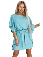 287-40 SOFIA Motýlie šaty so zaväzovaním v páse - pastelovo tyrkysové