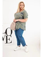 Dámske bavlnené Plus veľkosť blúzka s krátkymi rukávmi a vreckom Khaki Dámske bavlnené Plus veľkosť blúzka s krátkymi rukávmi a vreckom Khaki