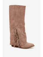 Wsuwane Kozaki Kowbojki Damskie Na Słupku Z Frędzlami Beżowe Zalia