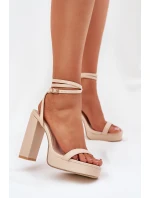Sandały Damskie Na Słupku Z Paseczkiem Beżowe Fevenne