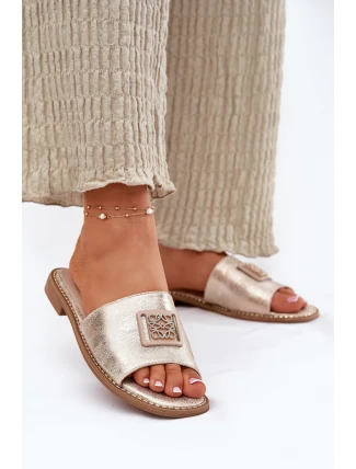 Damskie Klapki Na Płaskim Obcasie Z Ozdobą S.Barski KV51-089 Złote