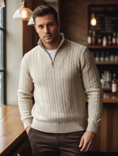 Pánsky sveter so stojacím golierom béžovej farby FashionStreet WX2327