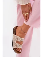 Materiałowe Klapki Damskie Na Korkowej Platformie Z Klamrami Beżowe Osoffe