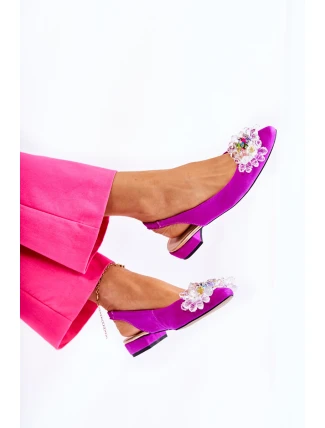 Zamszowe Baleriny Na Obcasie Z Ozdobą Ciemnoróżowe Elenie