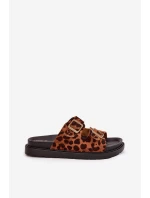 Klapki Damskie W Panterkę Na Platformie Z Klamrami Brązowe Simbes