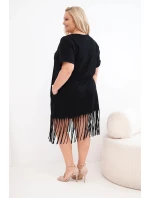 Plus veľkosť Dámske bavlnené V-neck strapce šaty čierna