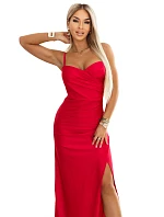 647-3 Priliehavé dlhé maxi šaty s obálkovým výstrihom a rozparkom - červené 647-3 Priliehavé dlhé maxi šaty s obálkovým výstrihom a rozparkom - červené