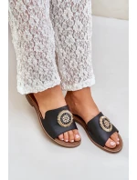 Skórzane Klapki Z Ozdobą Na Płaskim Obcasie Zazoo 3047/O Czarne