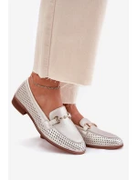 Skórzane Mokasyny Damskie Z Ozdobą Na Płaskim Obcasie S.Barski LR51-594 Srebrne