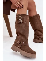 Kožené semišové dámské kozačky s přezkami zateplené Big Star OO274A182 béžové