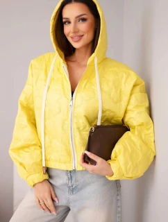 Dámska prešívaná bunda s kapucňou a ozdobnou kvetinovou potlačou žltá