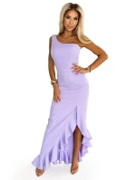 317-6 Dlhé šaty s volánom a asymetrickým výstrihom - levanduľové