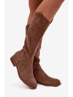Kozaki Damskie Na Płaskim Obcasie Z Ażurowym Wzorem S.Barski HY52-531 Brązowe