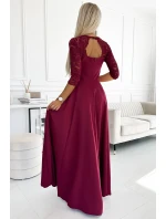 309-9 AMBER elegantné dlhé maxi šaty s čipkovým výstrihom - Bordeaux