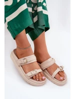 Klapki Damskie Na Platformie Ze Złotymi Klamrami Beżowe Wernone