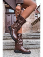 Marszczone Kozaki Damskie Do Połowy Łyski Z Paskami I Klamrami Brązowe Halvessa