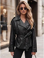 Dámska dvojradová bunda z ekokože s opaskom, čierna, FashionStreet TY5911 Dámska dvojradová bunda z ekokože s opaskom, čierna, FashionStreet TY5911