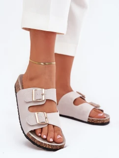 Klapki Damskie Ze Złotymi Klamrami I Przeszyciami Szare Lunera