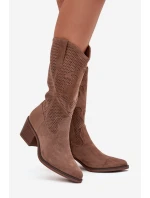 Ażurowe Kozaki Kowbojki Damskie Na Obcasie Ciemnobeżowe Olivette