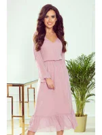 Dámske šifónové midi šaty vo špinavo ružovej farbe s výstrihom a volánikom 304-1