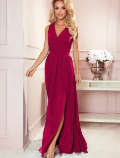 JUSTINE - Dlhé dámske šaty v bordovej farbe s výstrihom a zaväzovaním 362-5