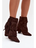 Dámské kotníkové boty na podpatku s třásněmi a zlatými přezkami čokoládové Evelisse