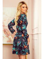 CORA - Dámske šaty s dekoltom, volánikom a so vzorom farebných motýľov 320-1 CORA - Dámske šaty s dekoltom, volánikom a so vzorom farebných motýľov 320-1