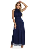 636-2 VERONICA luxusné dlhé šaty s brokátovým akcentom a elegantným strihom - tmavomodré