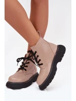 Ocieplane Botki Damskie Na Platformie Sznurowane Ciemnobeżowe Harmine