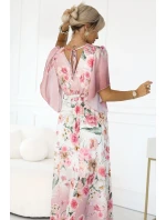 603-4 Vzdušné maxi šaty s obálkovým výstrihom a kvetinovým vzorom - PINK Roses