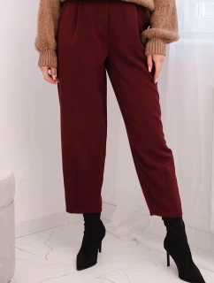 Dámske nohavice s vysokým pásom a záhybmi bordová