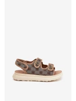 Damskie Wzorzyste Materiałowe Sandały Ze Złotymi Detalami Khaki Pefese