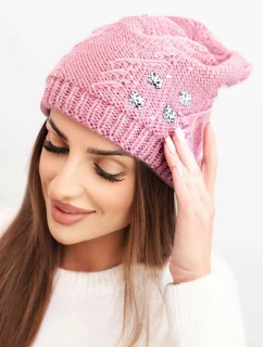 Dámska zimná vlnená čiapka s ozdobnými aplikáciami K468 tmavoružová