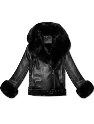 Dámska bunda s kožušinovým golierom (61M8507-392A) čierna - Goodlooking