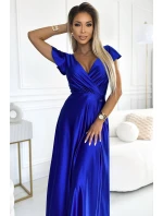 411-11 CRYSTAL saténové dlhé šaty s výstrihom - CHABRERA