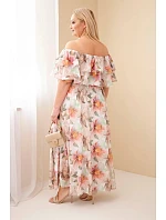 Dámske plus size maxi šaty s volánom na ramenách a elastickým pásom béžovej farby