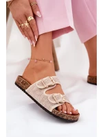 Materiałowe Klapki Damskie Na Korkowej Platformie Z Klamrami Beżowe Osoffe