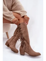 Dámské kozačky na podpatku s třásněmi zateplené khaki Firlina