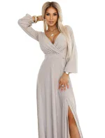 572-3 NELA trblietavé dlhé šaty s výstrihom, dlhými rukávmi a rozparkom na nohách - BEACH 572-3 NELA trblietavé dlhé šaty s výstrihom, dlhými rukávmi a rozparkom na nohách - BEACH