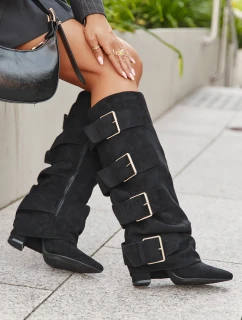 Kozaki Damskie Na Słupku Z Wywiniętą Cholewką I Złotymi Klamrami Eko Zamszowe Czarne Isavelle