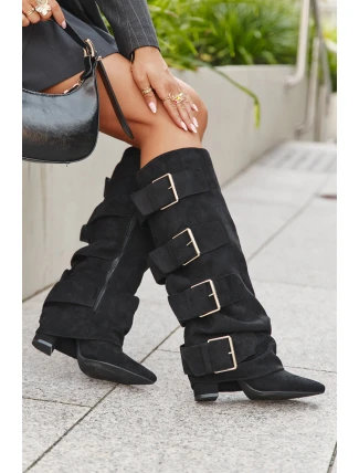 Kozaki Damskie Na Słupku Z Wywiniętą Cholewką I Złotymi Klamrami Eko Zamszowe Czarne Isavelle