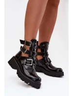 Lakierowane Botki Damskie Z Paskami I Srebrnymi Klamrami Czarne Helisse