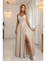 299-20 CHIARA Maxi šaty bez ramienok s obálkovým výstrihom a rozparkom na nohách - béžové s trblietkami