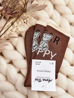 Skarpety Damskie Bawełniane Z Napisem I Misiem Brązowe