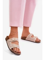 Materiałowe Klapki Damskie Na Korkowej Platformie Z Klamrami Beżowe Osoffe