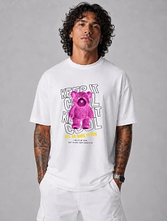 Pánske oversize tričko s potlačou medvedíka biele FashionStreet NX1030R