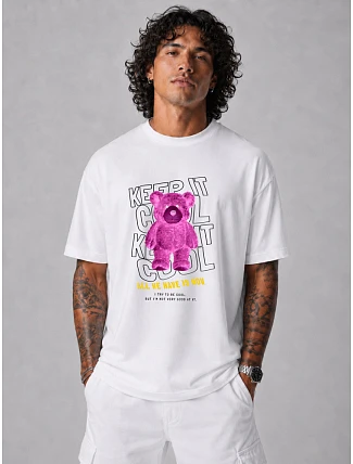 Pánske oversize tričko s potlačou medvedíka biele FashionStreet NX1030R Pánske oversize tričko s potlačou medvedíka biele FashionStreet NX1030R