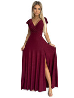 CRYSTAL - Dámske dlhé lesklé šaty vo vínovej farbe s výstrihom 411-8