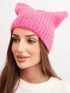 Dámska zimná vlnená čiapka s mačacím strihom z pruhovanej pleteniny K419 ružová