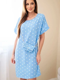 Dámske bodkované šaty s krátkymi rukávmi a kabelkou modré